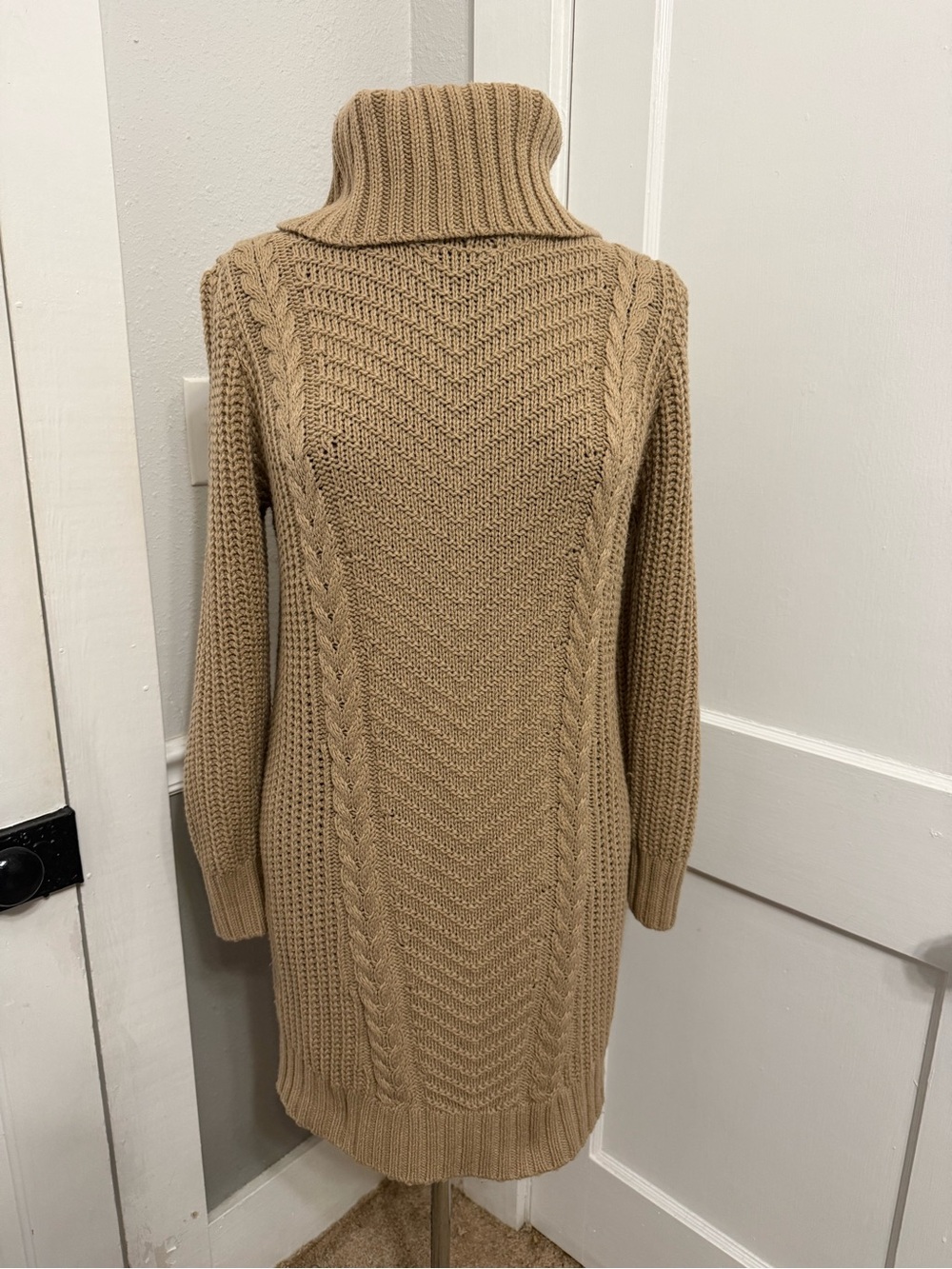 Forever 21 Camel Cable Knit Turtleneck Sweater Dress